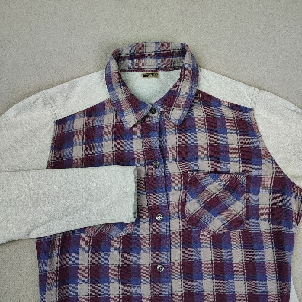 Marmot Flannel Shirt Women Medium Purple Gray Plaid Button Up Hiking Outdoors